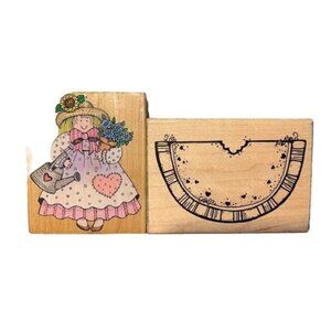 Wood Mounted Rubber Stamps Gardening Girl & Watermelon Craft Lot